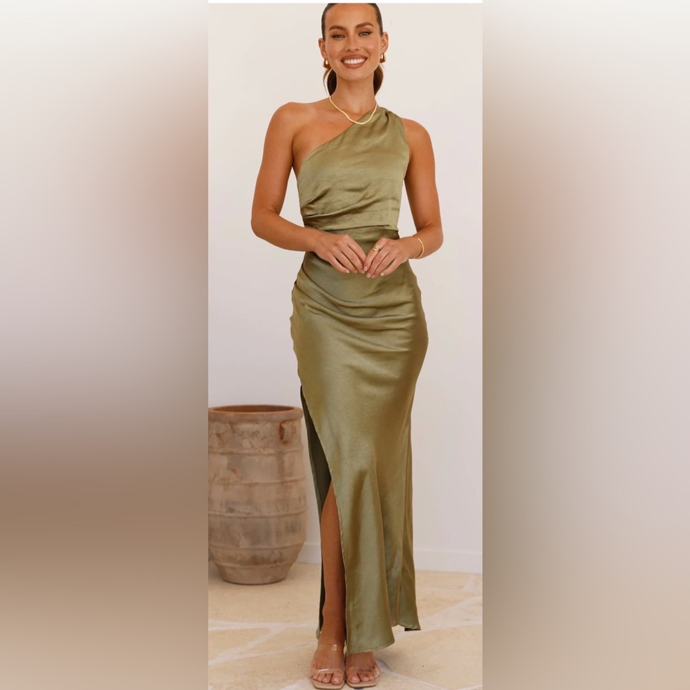 Billy J Jenna Maxi One Shoulder Olive Green Dress